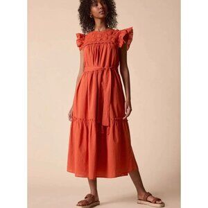 St Roche Kite Dress Tiered Crochet Detail Midi Orange Organic Cotton Size 4